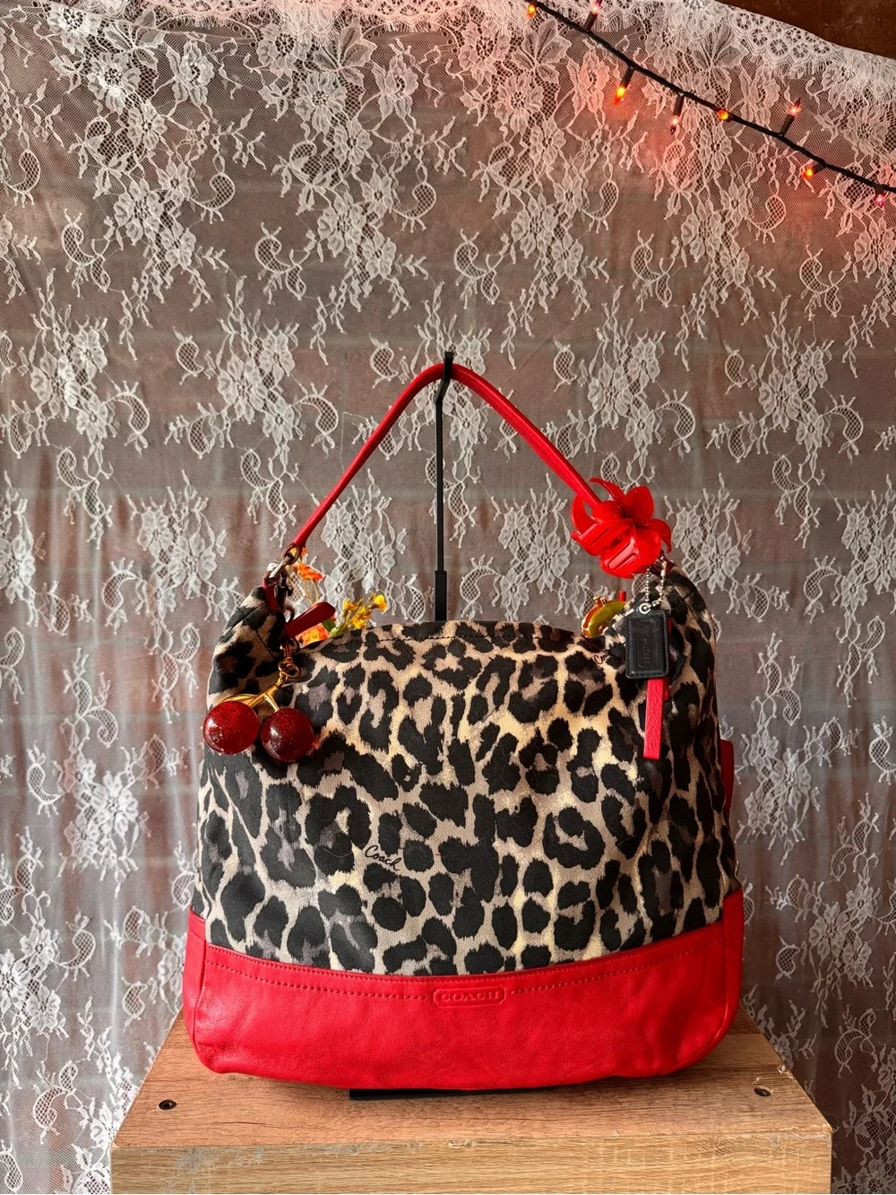 Coach Leopard Print and Red Leather Hobo Bag